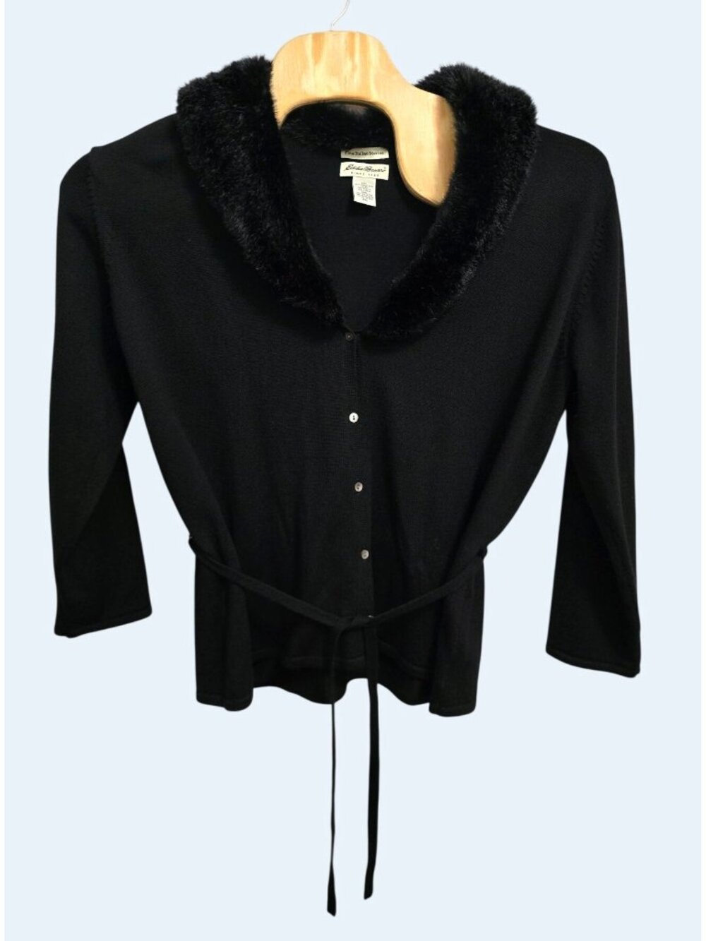 Eddie Bauer Womens XXL Black Merino Wool Cardigan Faux Fur Collar Quiet Luxury